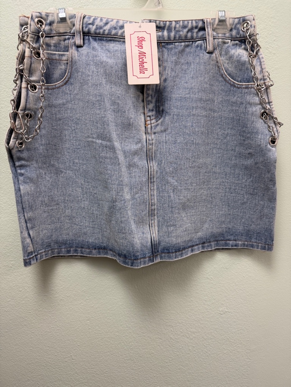 Michele Light Wash Denim Mini Skirt with Chain Trim